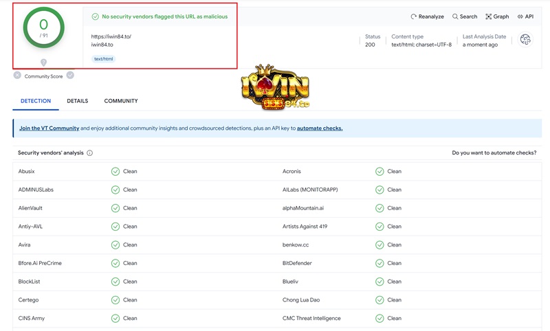 Kiểm tra độ an toàn của iWin bằng VirusTotal