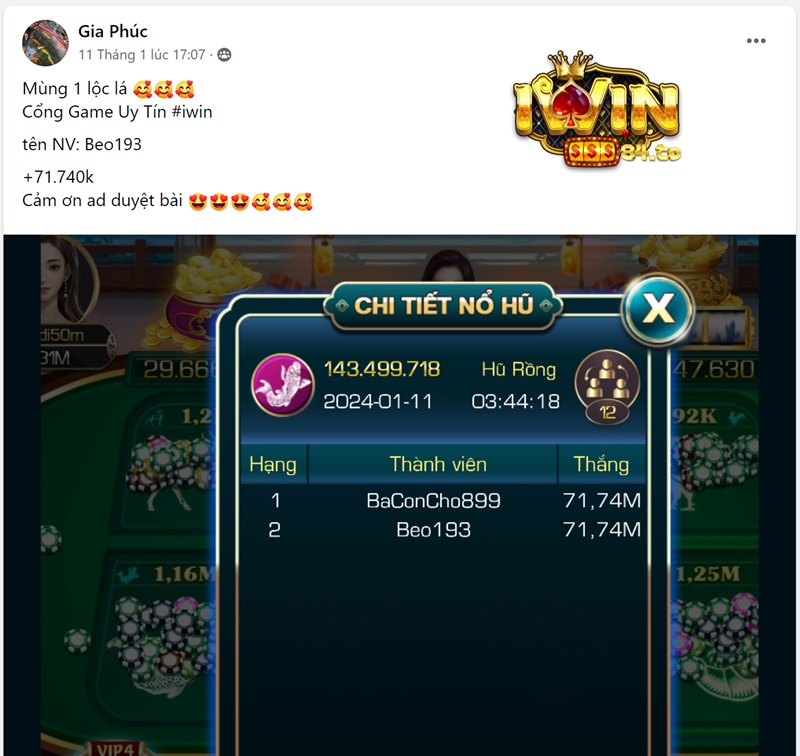 Người chơi Beo193 nổ hũ 71.740.000 VNĐ