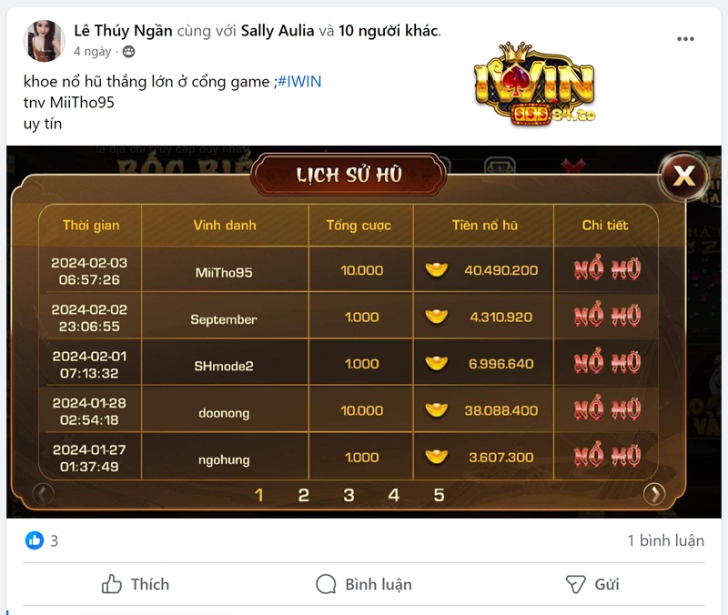 Người chơi MiiTho95 nổ hũ 40.490.200 VNĐ